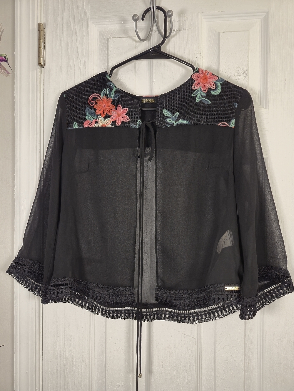 Sol da Terra Y2K Black Sheer Embroidered Floral Shrug Crop Top Boho Whimsigoth S